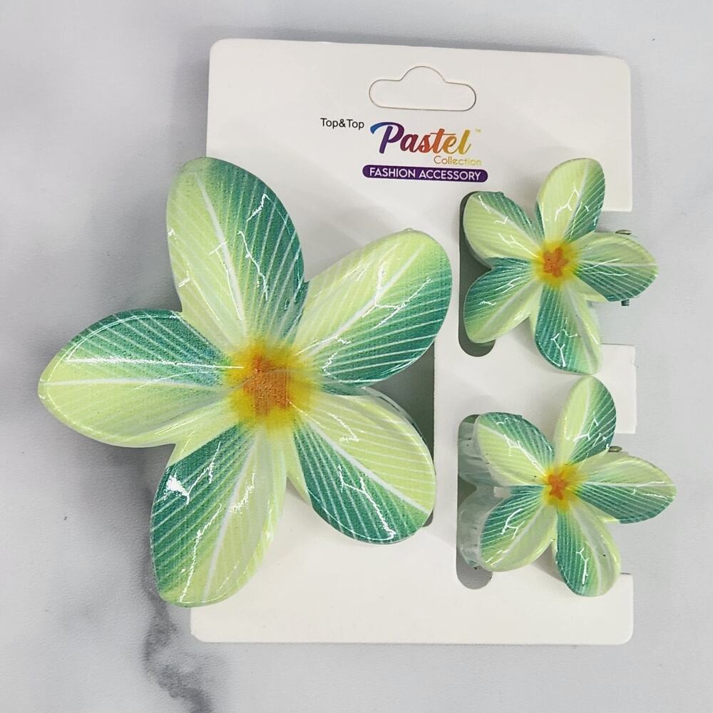 3 pc Hawaiian Flower Claw Clip Set - Hair Accessories Green Plumeria